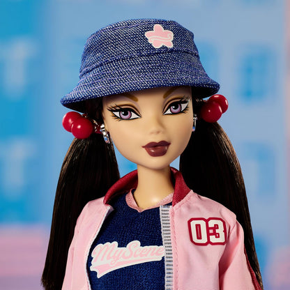 Barbie Boneca Signature My Scene Nolee e acessórios, roupa inspirada nos anos 2000 com conjunto esportivo combinando, jaqueta curta, polainas e suporte para boneca, JBH79