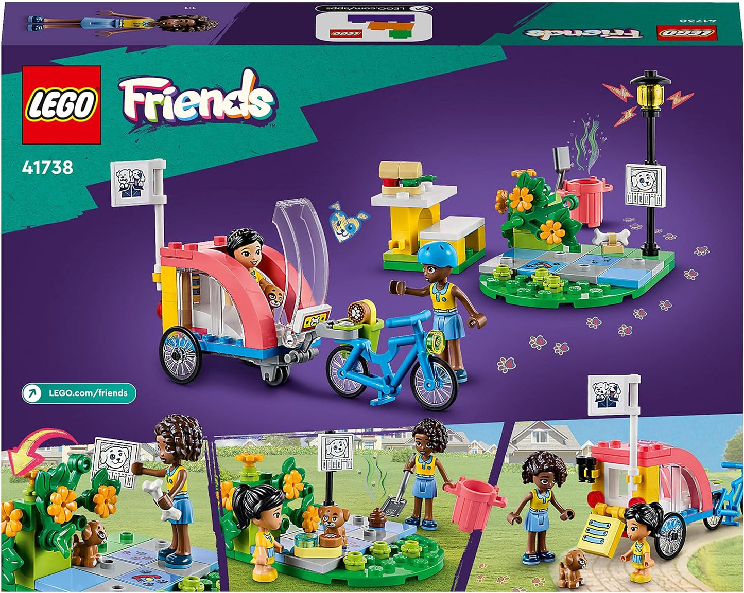 LEGO 41738 Conjunto de brinquedos para bicicleta de resgate de cães Friends, conjunto de animais para crianças, meninas e meninos de 6 anos ou mais com figura de cachorrinho e 2 minibonecos, personagens da série 2023