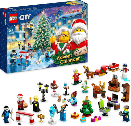 LEGO 60381 City Advent Calendar com 24 presentes incl. Figuras de Papai Noel e Renas, além de tapete de jogo Winter Wonderland, presente de contagem regressiva de Natal para crianças, meninos e meninas