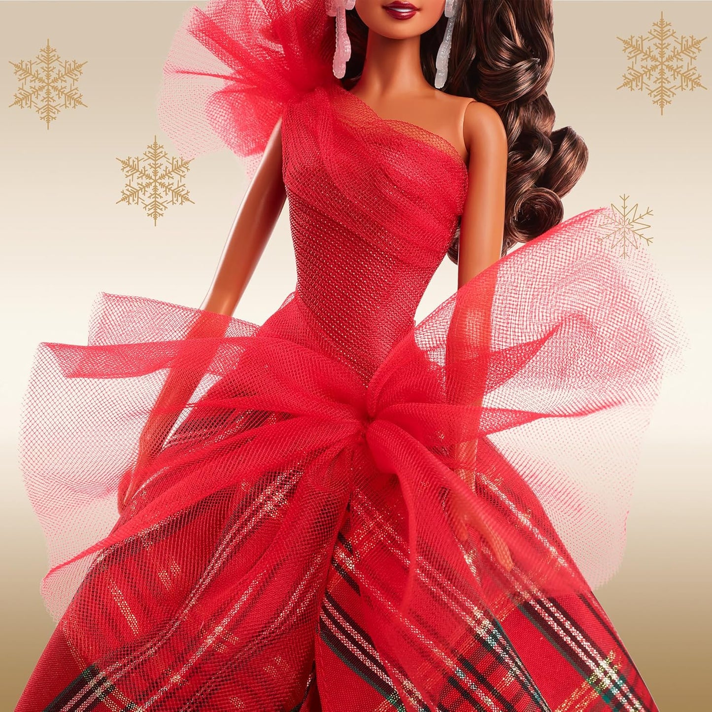 Barbie Bonecas 2024 Holiday, Presente de colecionador sazonal, Assinatura, Vestido xadrez com laço vermelho, Embalagem expositora, Cabelo castanho claro, HRM67