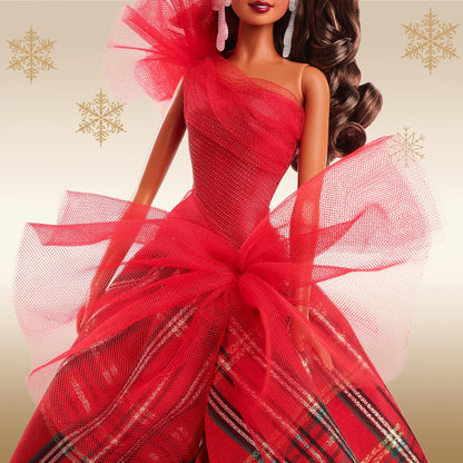 Barbie Bonecas 2024 Holiday, Presente de colecionador sazonal, Assinatura, Vestido xadrez com laço vermelho, Embalagem expositora, Cabelo castanho claro, HRM67