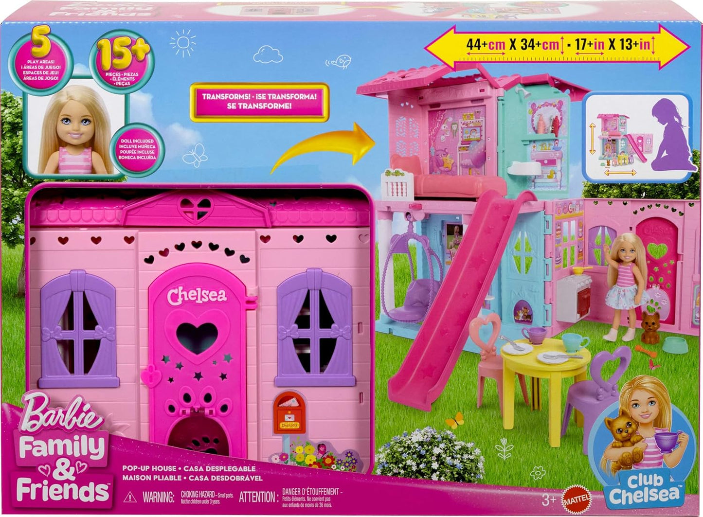 Barbie Casa de bonecas Chelsea com mais de 15 acessórios, casa pop-up que se expande para mais de 43 x 33 cm com 5 áreas de brincar e escorregador, inclui boneca pequena e cachorrinho de estimação, JFW49