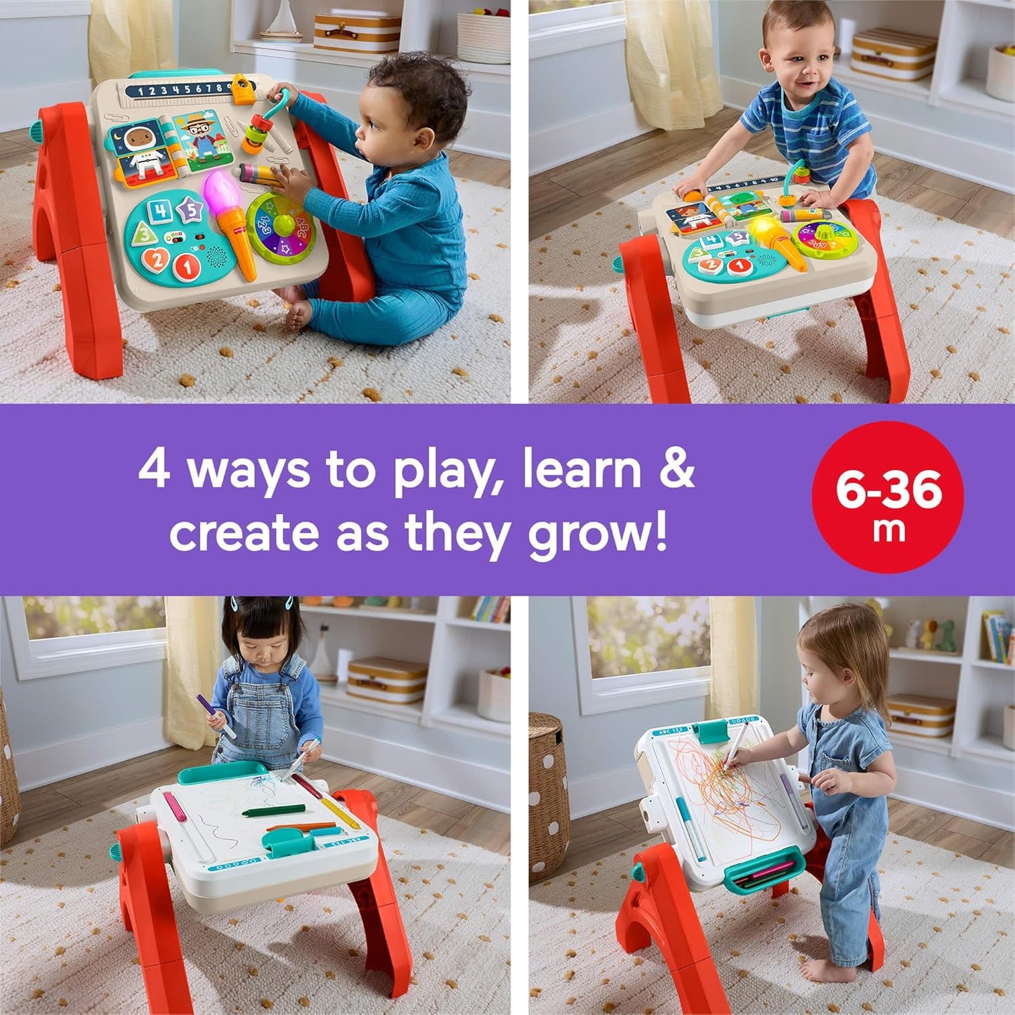 Brinquedo Fisher-Price para Bebês e Crianças Pequenas: Mesa de Atividades e Cavalete de Arte 4 em 1 com Música Educativa para Crianças a partir de 6 Meses, Versão Multilíngue, JGW87