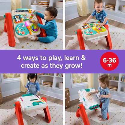Brinquedo Fisher-Price para Bebês e Crianças Pequenas: Mesa de Atividades e Cavalete de Arte 4 em 1 com Música Educativa para Crianças a partir de 6 Meses, Versão Multilíngue, JGW87