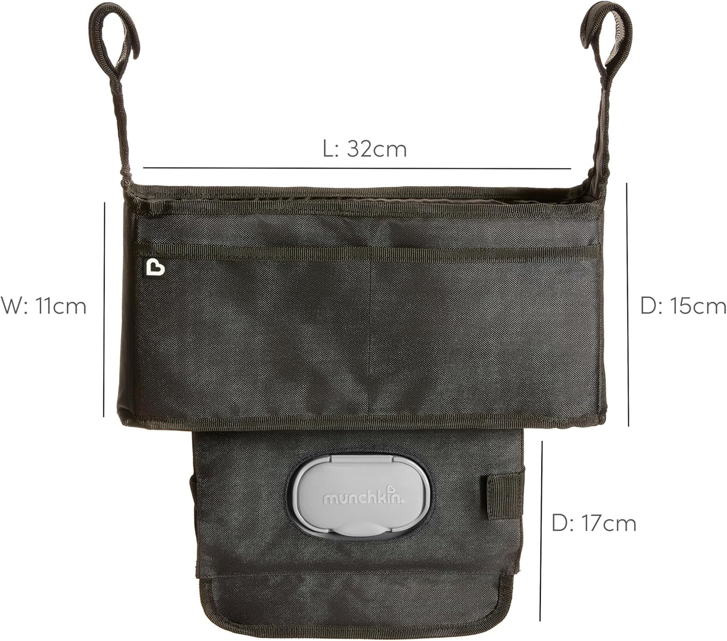 Munchkin Organizador de carrinho de bebê | Organizador para carrinho de bebê com 2 porta-copos, estojo para lenços umedecidos e bolso grande para itens essenciais para bebês e recém-nascidos | Ajuste universal para carrinhos de bebê,