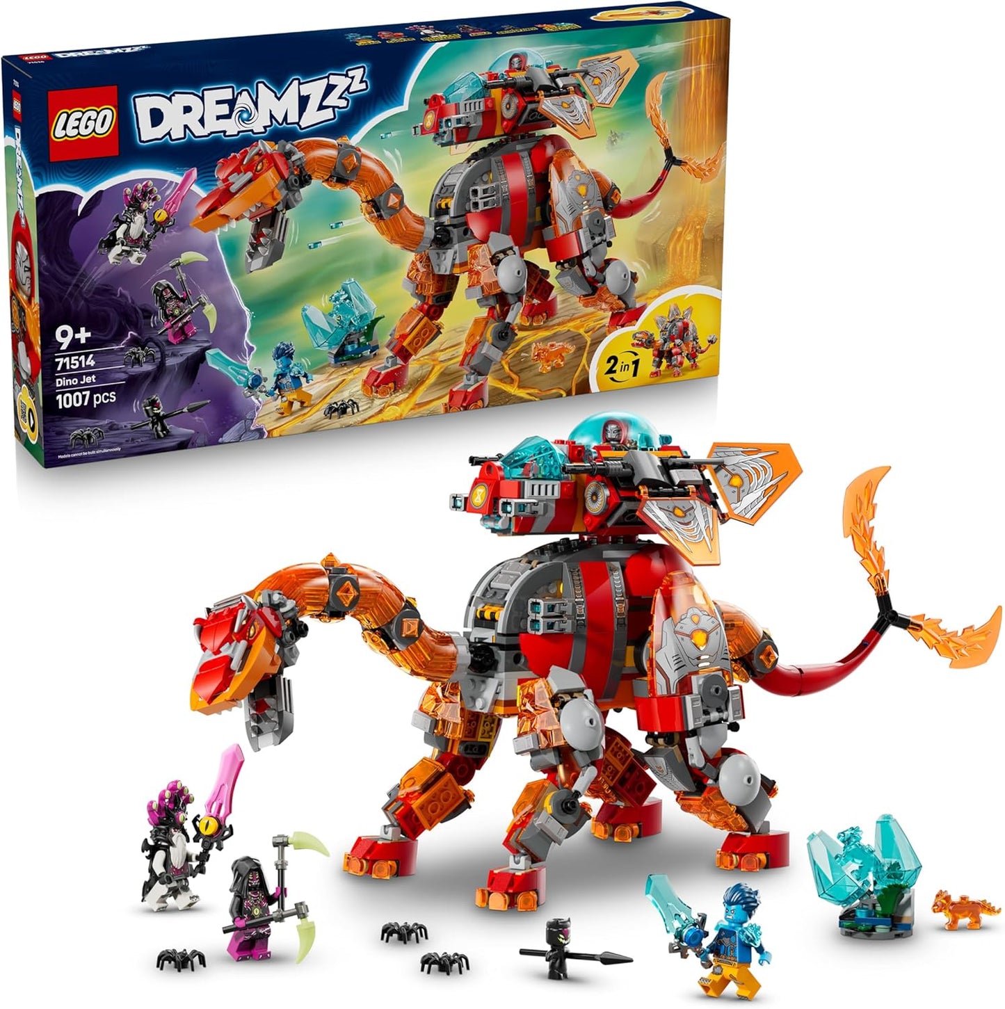LEGO DREAMZzz 2 em 1 Dino Jet - Figura de dinossauro que se transforma em um Estegossauro Blindado - Inclui 4 minifiguras e 2 criaturas colecionáveis do tesouro - Presente para meninos a partir de 9 anos - 71514