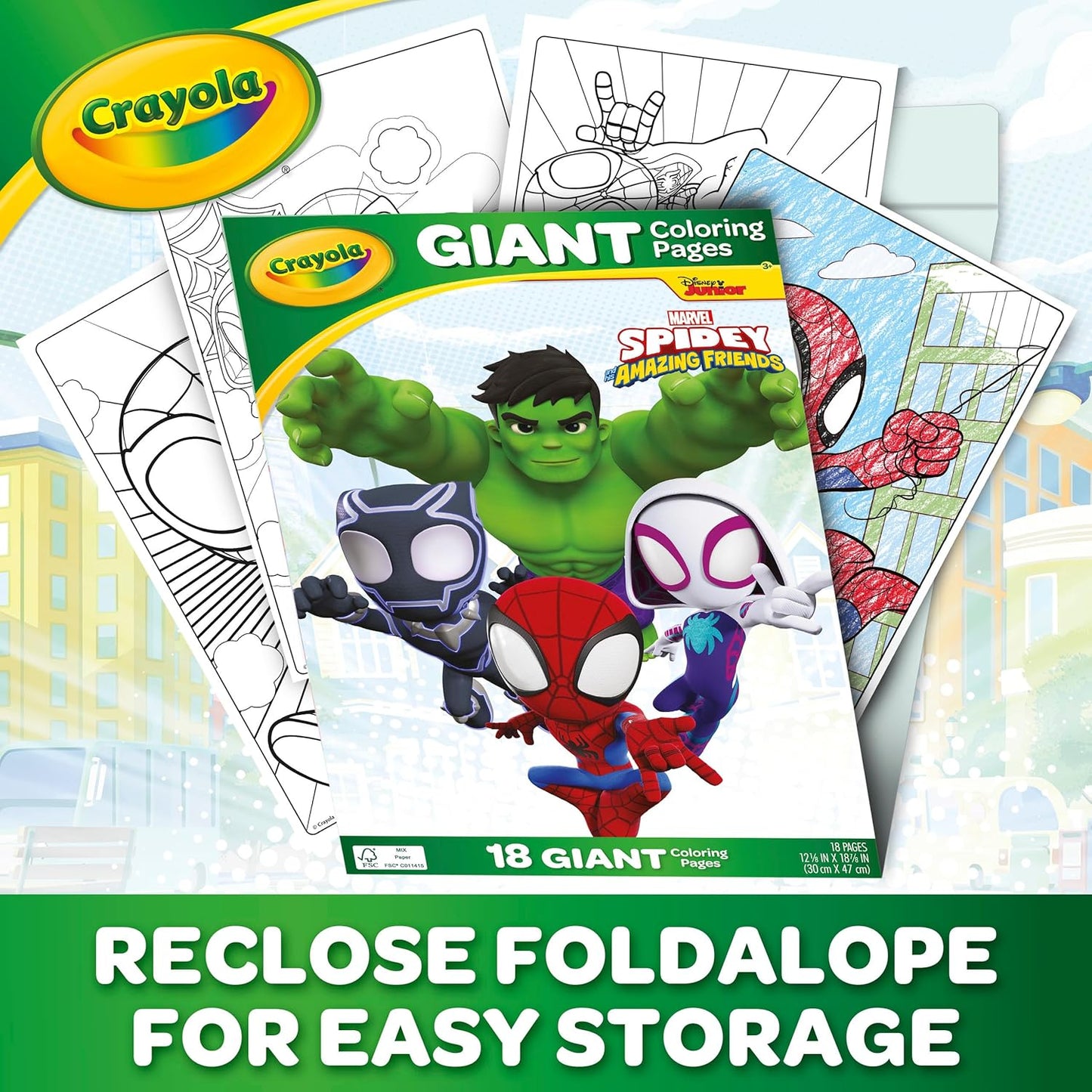 CRAYOLA Livro de colorir gigante da - Homem-Aranha e seus amigos incríveis | 18 páginas de diversão para colorir com o Homem-Aranha | Inclui 100 adesivos | Ideal para crianças a partir de 3 anos