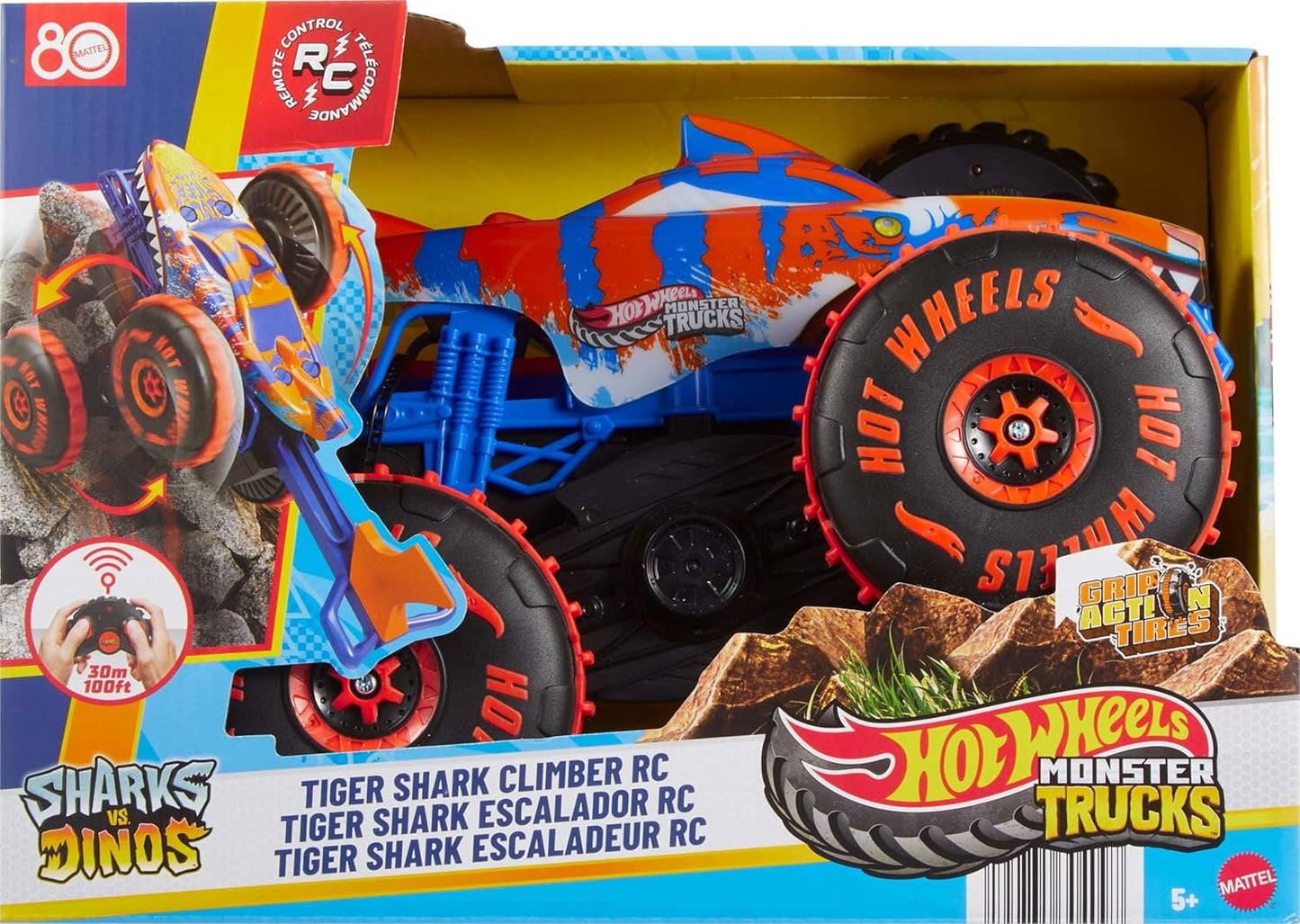 Hot Wheels Monster Trucks - Veículo de Brinquedo com Controle Remoto, Modelo Grande Tubarão Tigre Escalador RC com 3 Modos de Jogo para Corrida, Escalada e Acrobacias, JFR39