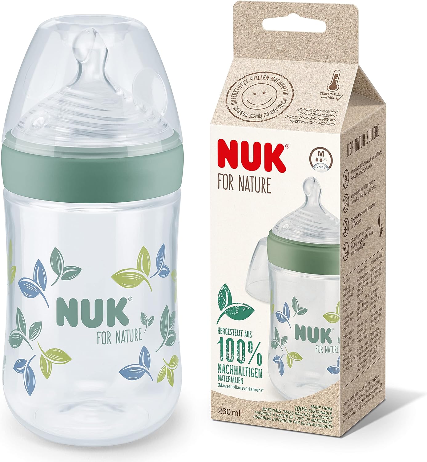 NUK Mamadeira for Nature, tetina média, 260 ml, tetina de silicone sustentável semelhante ao peito com ventilação anti-cólica, controle de temperatura, sem BPA, verde