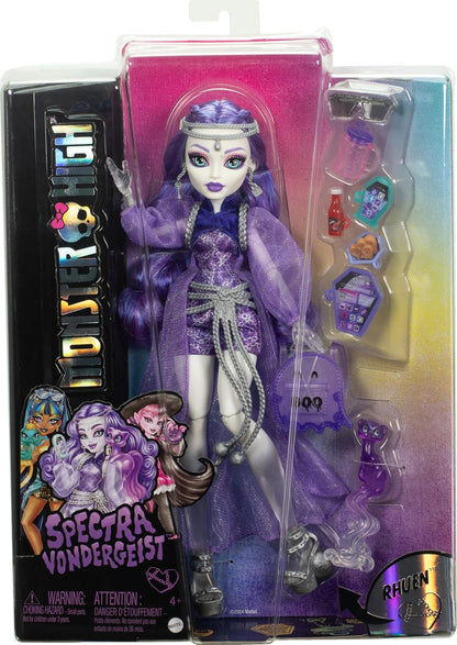 Monster High Boneca Spectra Vondergeist com seu furão de estimação Rhuen e acessórios como mochila, tablet, lanches e muito mais, HXH77