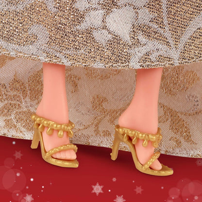 Barbie Signature, Barbie Loira de Natal 2025, Vestindo Vestido Prateado e Dourado, Colecionável Sazonal em Embalagem e Suporte para Exibição, JBJ00