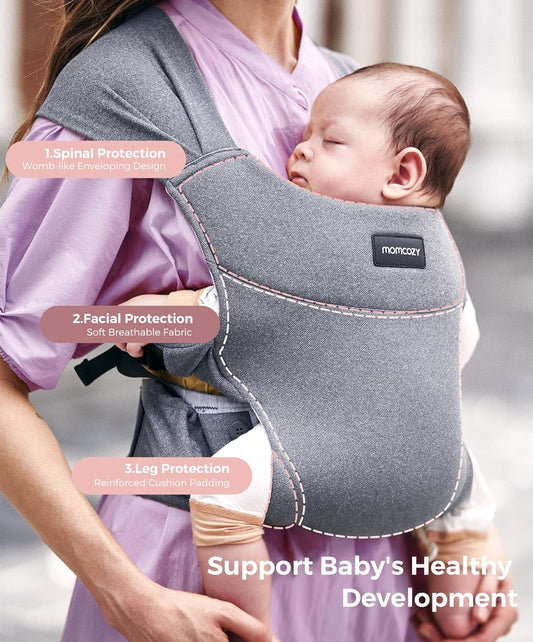 Momcozy Canguru portátil – Compacto e leve, ajustável para viagens, dobrável e fácil de transportar, com bolsa de armazenamento conveniente na cintura, alças de ombro largas, tecido macio e agradável à pele, para bebês de 5,5 a 15 kg (cinza)