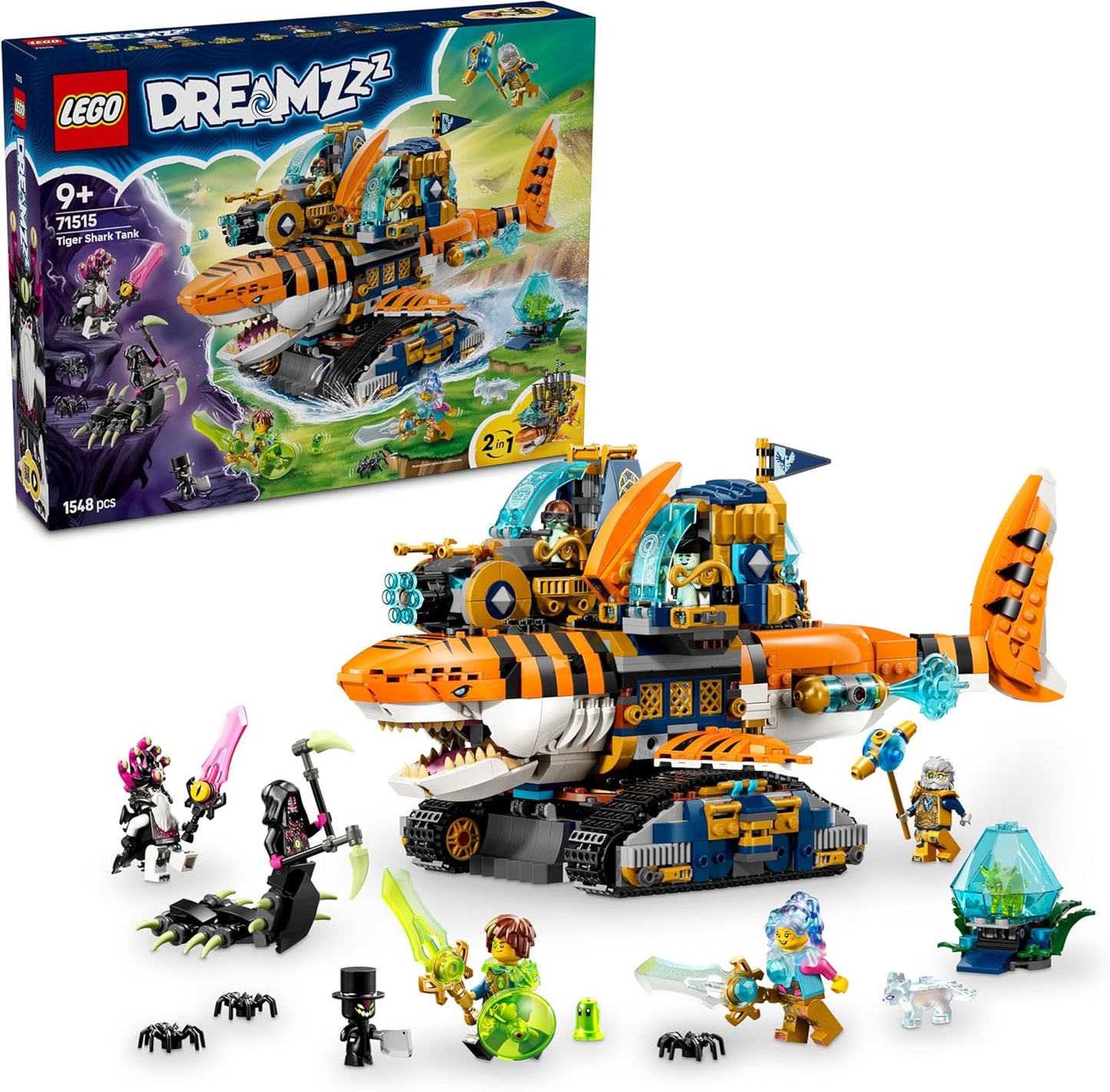LEGO DREAMZzz 2 em 1 Tanque Tubarão-Tigre - Transforma-se em um Navio Pirata com Canhão - Inclui 5 Minifiguras e 2 Criaturas do Tesouro Colecionáveis - Presente para Meninos a partir de 9 Anos - 71515