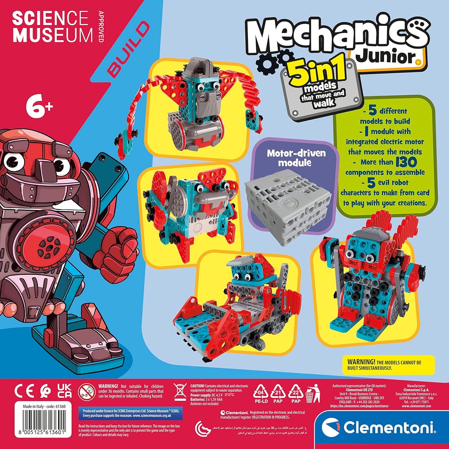 Clementoni 61360 Science&amp;Play Mechanics Junior Motion Robot Building Set, Científico, Regalo para niños a partir de 6 años, Juguetes STEM, Versión en inglés,