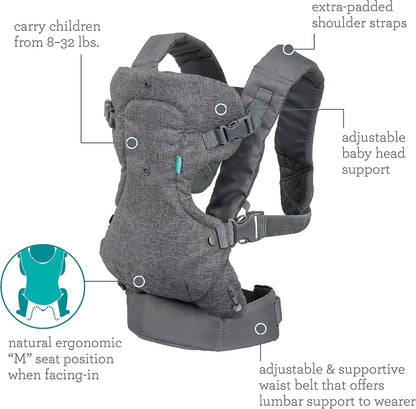 Infantino Canguru Flip Advanced 4 em 1 - Ergonômico, conversível, para uso com o bebê virado para dentro ou para fora, para uso frontal e nas costas, para recém-nascidos e crianças de 3,6 a 14,5 kg, cinza