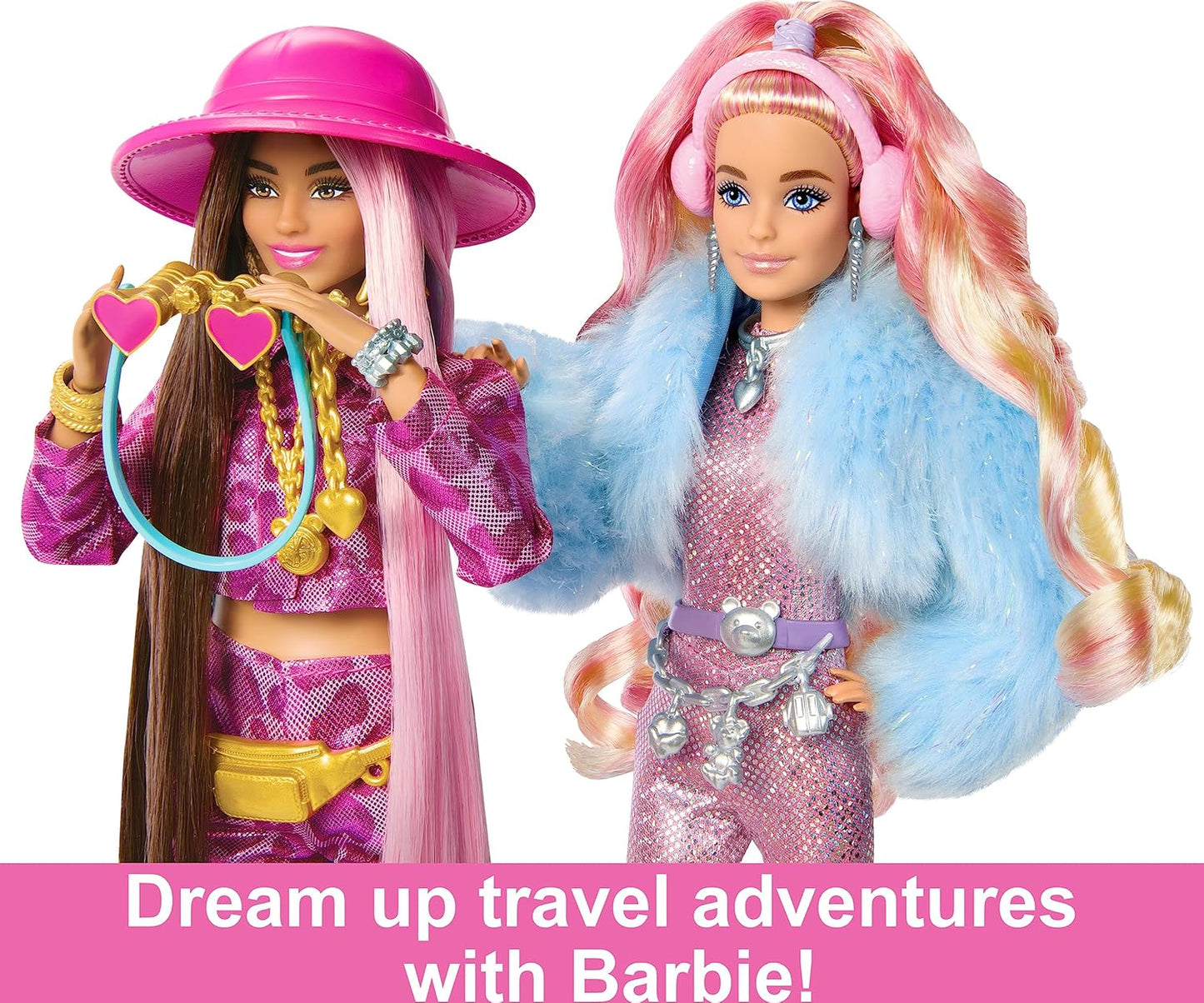 Barbie Boneca de viagem com moda de neve invernal, Barbie Extra Fly, macacão rosa brilhante e casaco de pele sintética, HPB16