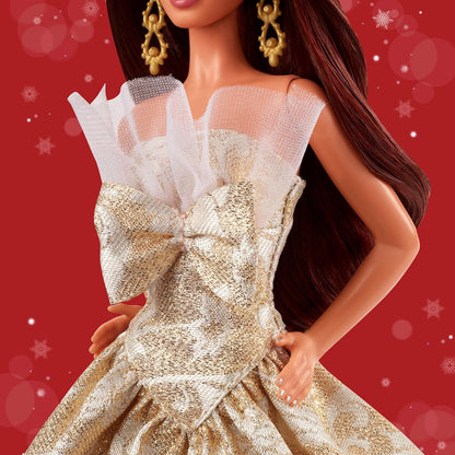Barbie Signature, Boneca Fashion de Cabelo Preto para as Festas de Fim de Ano de 2025, Vestindo Vestido Prateado e Dourado, Brinquedo Colecionável Sazonal em Embalagem Exibível, JBJ01