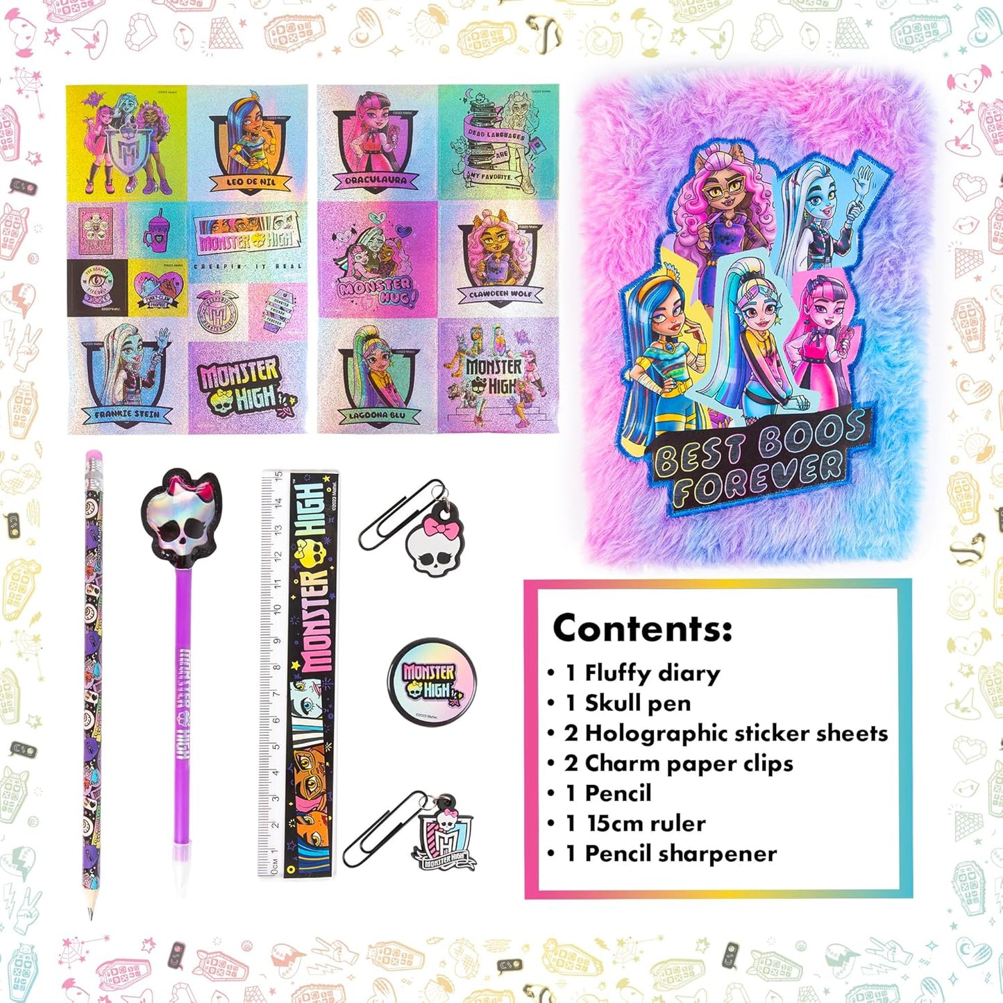 Monster High Kids Journal com caderno fofo, caneta de caveira, adesivos de diário, clipes de papel, régua, apontador de lápis, lápis - conjunto de papelaria infantil - presentes de aniversário para meninas - conjunto de diário secreto