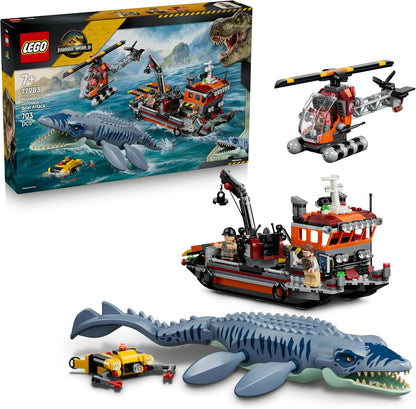 LEGO Brinquedo Jurassic World Ataque do Mosassauro ao Barco – Navio de Carga, Figura de Dinossauro, Helicóptero e 3 Minifiguras – Presente de Aniversário para Meninos e Meninas a partir de 7 Anos e Fãs do Filme – 77983