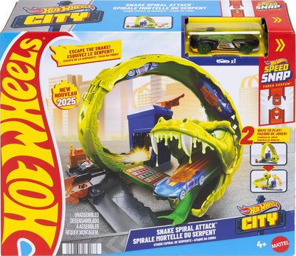 Conjunto de Pista de Carrinhos Hot Wheels, Posto de Gasolina Snake com Veículo Die-Cast em Escala 1:64, 2 Formas de Brincar: Loop em Espiral e Pista Speed Snap