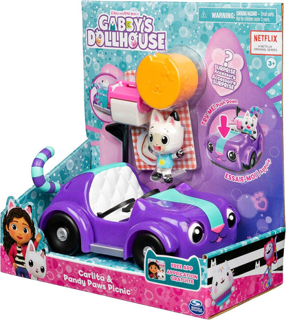 Gabby’s Dollhouse Carrinho de brinquedo Carlita com figura colecionável Pandy Paws e 2 acessórios, brinquedo infantil para crianças a partir de 3 anos.