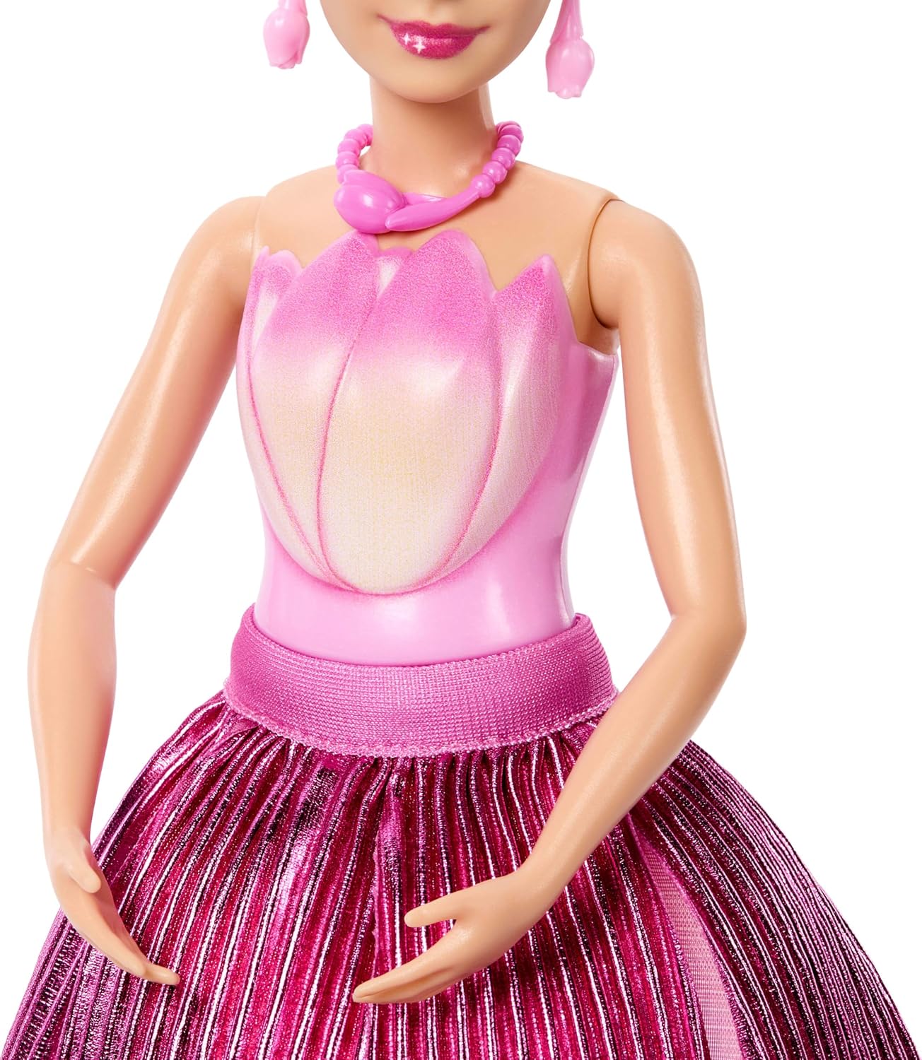 Barbie Petal Pop com aroma de boneca, vestido rosa de tulipa e acessórios, buquê revelado com coelhinho de estimação e surpresas como regador, colar e brincos, JMF57