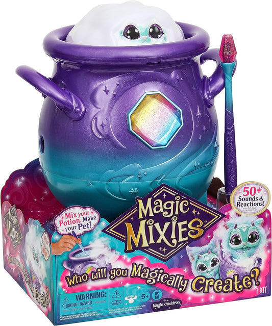 Magic Mixies - Caldero mágico morado con niebla real con juguete interactivo azul y de peluche de 8 pulgadas, sigue el libro de hechizos Agrega los ingredientes mágicos, ¿a quién crearás mágicamente?