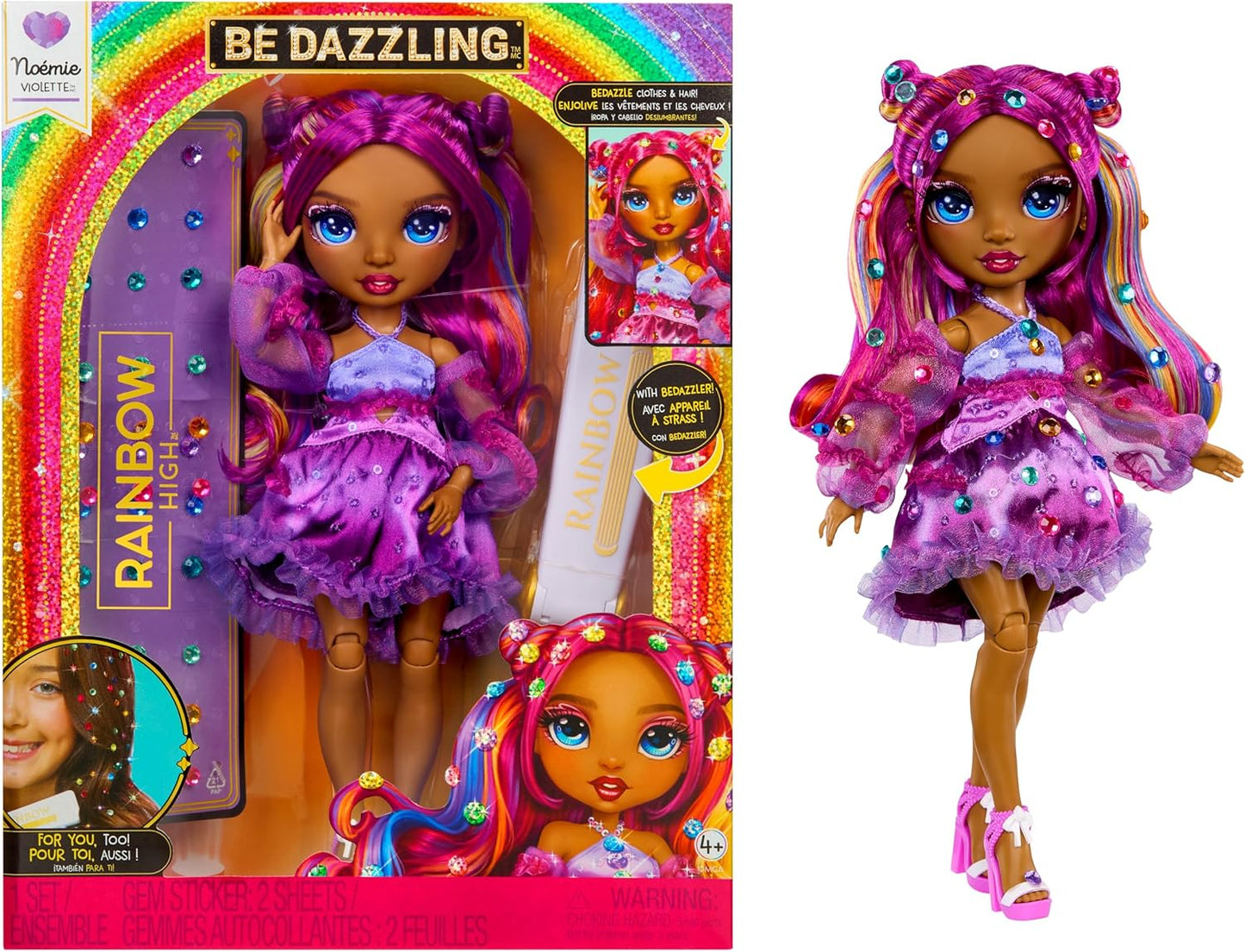Rainbow High Be Dazzling - Noemie Violette - Boneca Fashion Roxa de 28cm com Ferramenta para Aplicar Brilho, Gemas Brilhantes e Acessórios de Estilo