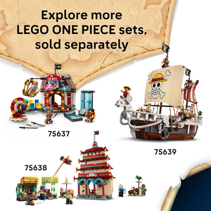 LEGO ONE PIECE Cabana da Vila do Moinho de Vento com Barco, Minifiguras do Jovem Luffy, Shanks e Makino, além de Acessórios, incluindo um Cartaz de Procurado - Presente de Anime para Meninos, Meninas e Fãs a partir de 8 Anos - 75636