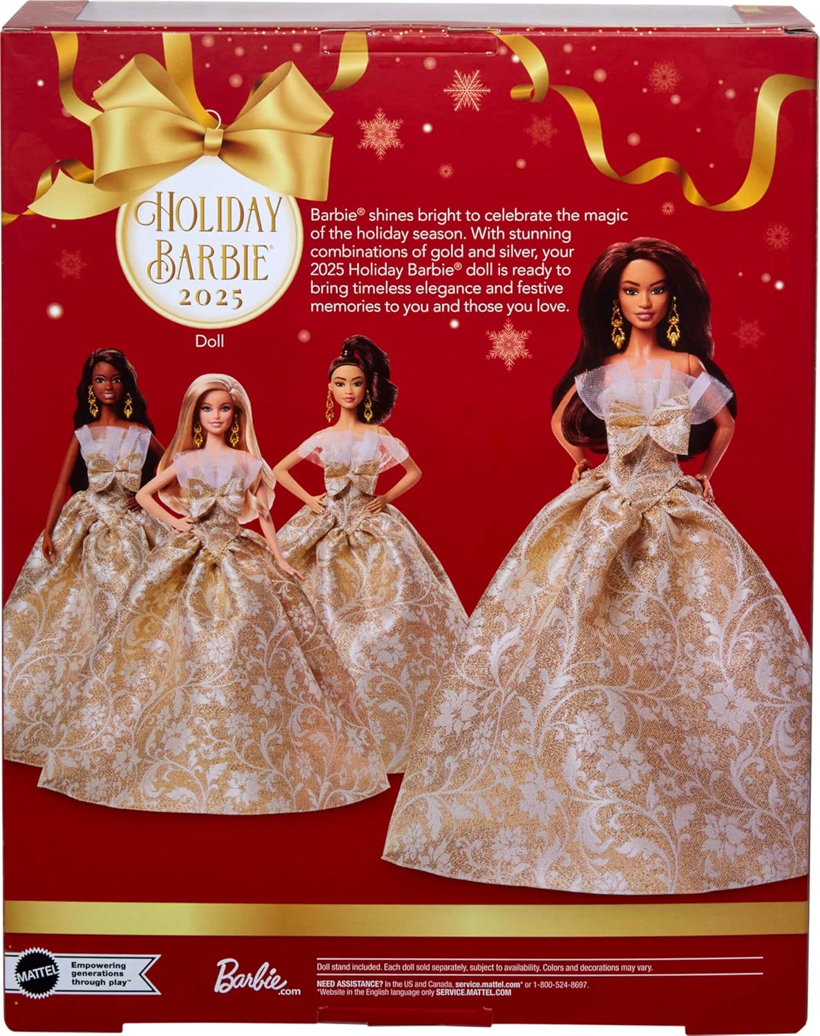 Barbie Signature, Boneca Fashion de Cabelo Preto para as Festas de Fim de Ano de 2025, Vestindo Vestido Prateado e Dourado, Brinquedo Colecionável Sazonal em Embalagem Exibível, JBJ01