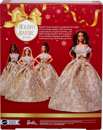 Barbie Signature, Boneca Fashion de Cabelo Preto para as Festas de Fim de Ano de 2025, Vestindo Vestido Prateado e Dourado, Brinquedo Colecionável Sazonal em Embalagem Exibível, JBJ01