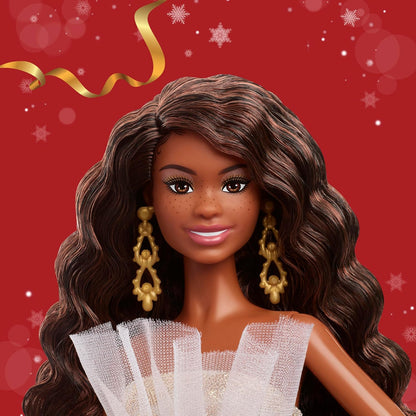 Barbie Signature, Boneca Fashion de Cabelo Preto para as Festas de Fim de Ano de 2025, Vestindo Vestido Prateado e Dourado, Brinquedo Colecionável Sazonal em Embalagem Exibível, JBJ01