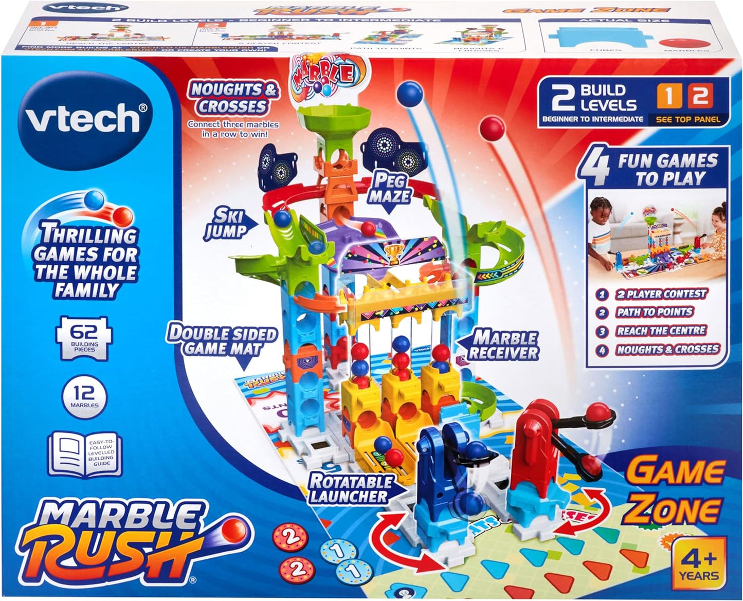 VTech Marble Rush Game Zone, brinquedos de construção para crianças, 12 bolinhas de gude e 62 peças de construção, conjunto de pista de corrida de mármore com batalha de jogo vermelho vs azul, 4 jogos para jogar, 4 anos +, versão em inglês