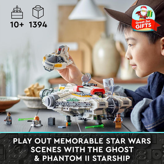 LEGO Conjunto Star Wars Ghost e Phantom II com 2 veículos Ahsoka construídos em tijolos, brinquedos de nave estelar montáveis para crianças, meninos e meninas com 5 personagens, incluindo Jacen Syndulla e uma figura Chopper Droid