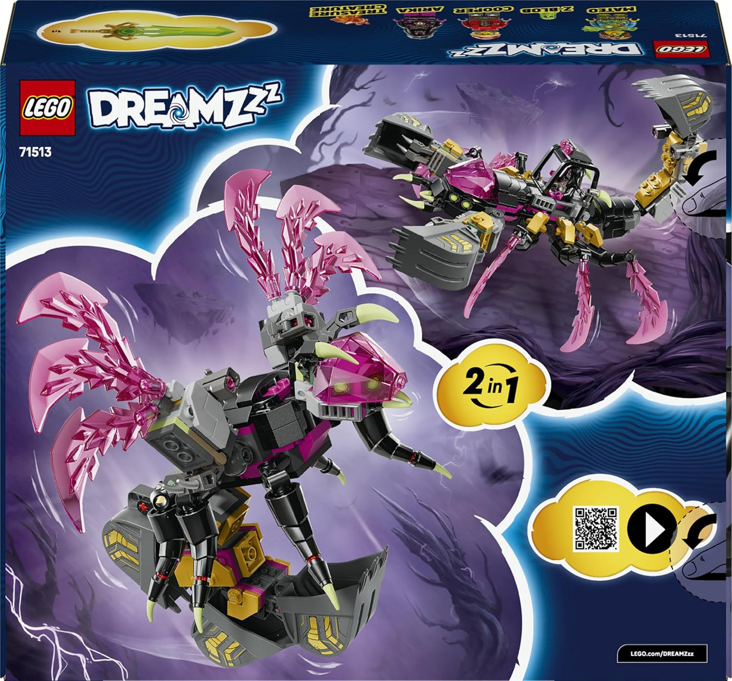 LEGO DREAMZzz 2 em 1 Escavadeira Escorpião Pesadelo - Transforma-se em uma figura de Vespa - Inclui 3 minifiguras e uma criatura colecionável laranja do tesouro - Presente para meninos a partir de 7 anos - 71513