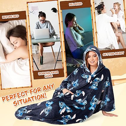 Disney Stitch Blanket Hoodie para mulheres e adolescentes - Poncho de lã grande e aconchegante, tamanho único, capuz Sherpa - Stitch Gifts Navy