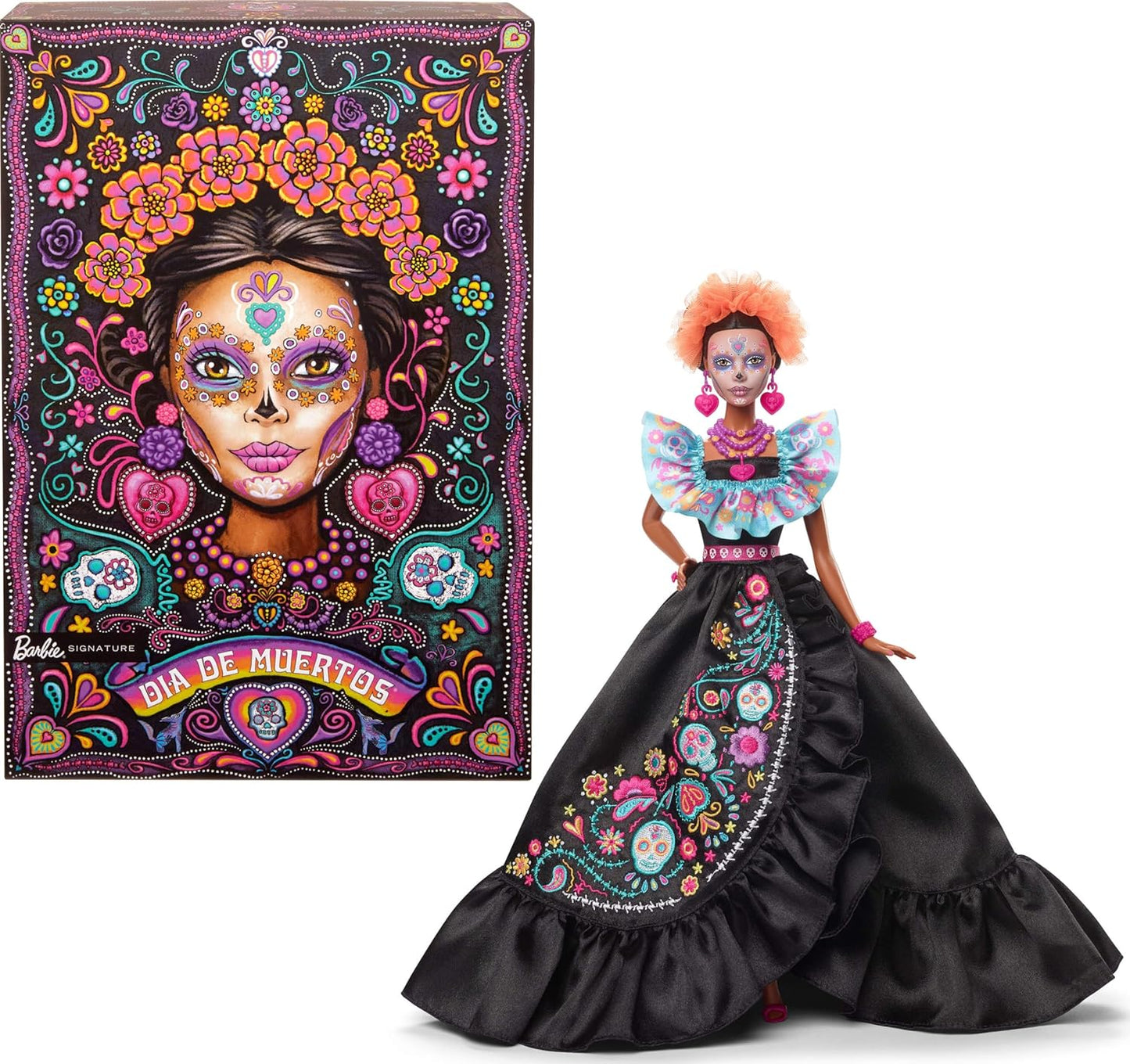 Barbie Boneca Signature, coleção Dia dos Mortos 2024, com vestido preto, blusa azul com babados, estampa bordada e acessórios coloridos, HRM72