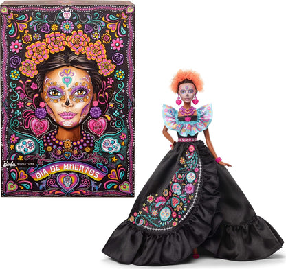 Barbie Boneca Signature, coleção Dia dos Mortos 2024, com vestido preto, blusa azul com babados, estampa bordada e acessórios coloridos, HRM72