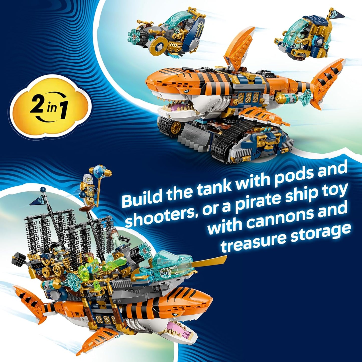 LEGO DREAMZzz 2 em 1 Tanque Tubarão-Tigre - Transforma-se em um Navio Pirata com Canhão - Inclui 5 Minifiguras e 2 Criaturas do Tesouro Colecionáveis - Presente para Meninos a partir de 9 Anos - 71515
