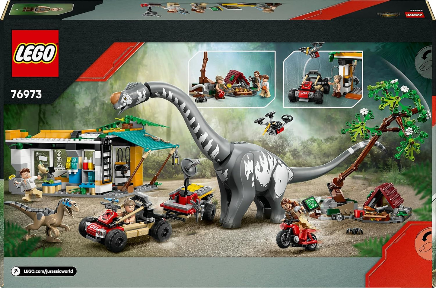 LEGO Jurassic World Missão de Rastreamento de Raptor e Titanossauro - Brinquedo de Dinossauro com 3 Minifiguras, Carro Off-Road e Moto - Presente para Meninos e Meninas a partir de 7 Anos - 76973