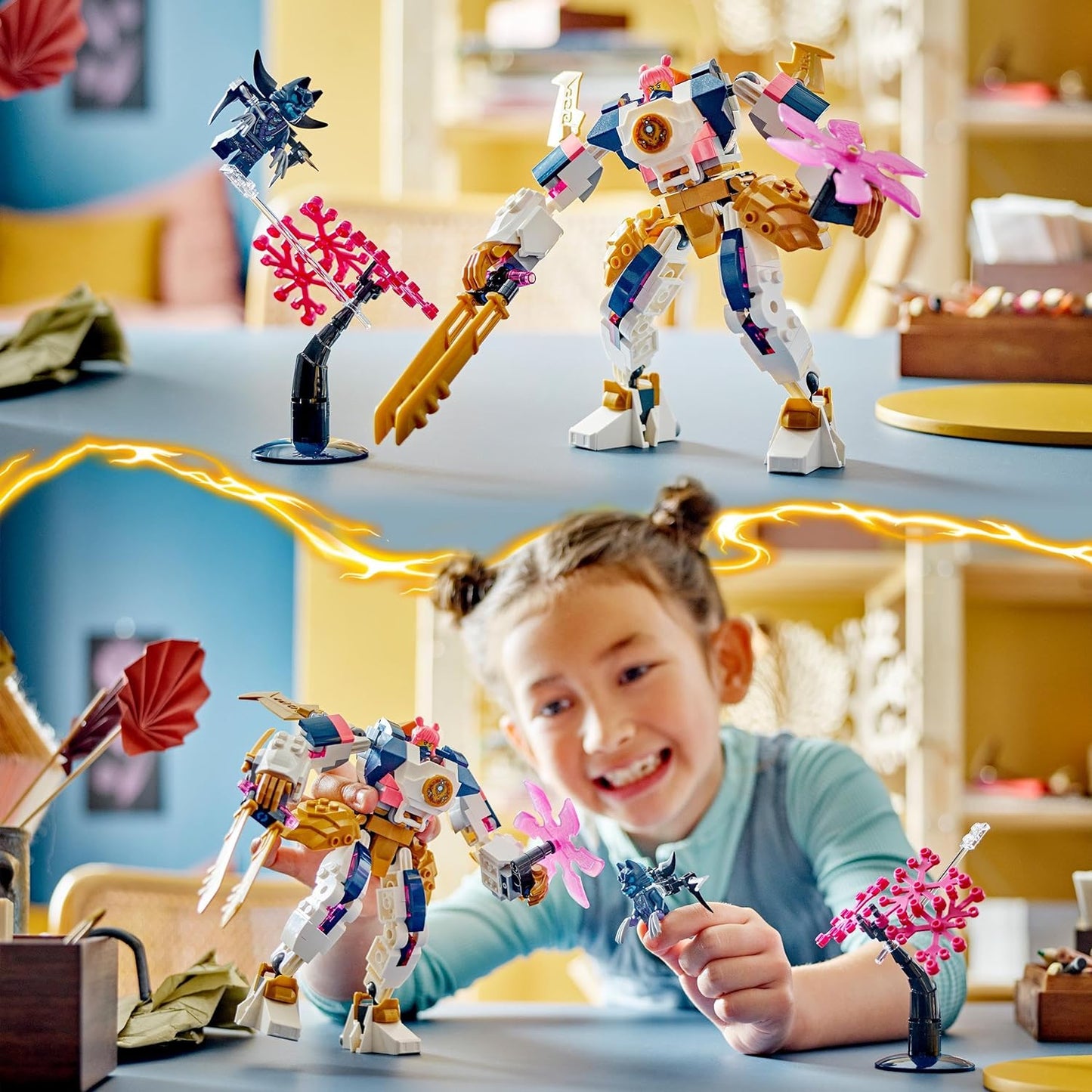 LEGO NINJAGO Sora's Elemental Tech Mech, brinquedo de boneco de ação ninja personalizável para meninos e meninas de 7 anos ou mais, conjunto com minifigura de Katanas e Sora para brincadeira independente, ideia de presente de aniversário 71807