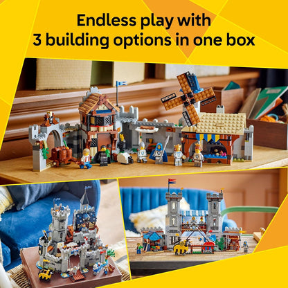 LEGO Creator 3 em 1 Castelo Medieval com Cavaleiros e Cavalos - Transforma-se em uma Cena de Torneio de Justas ou em uma Cidade - Inclui 6 Minifiguras - Presente Criativo para Meninos e Meninas a partir de 9 Anos - 31168