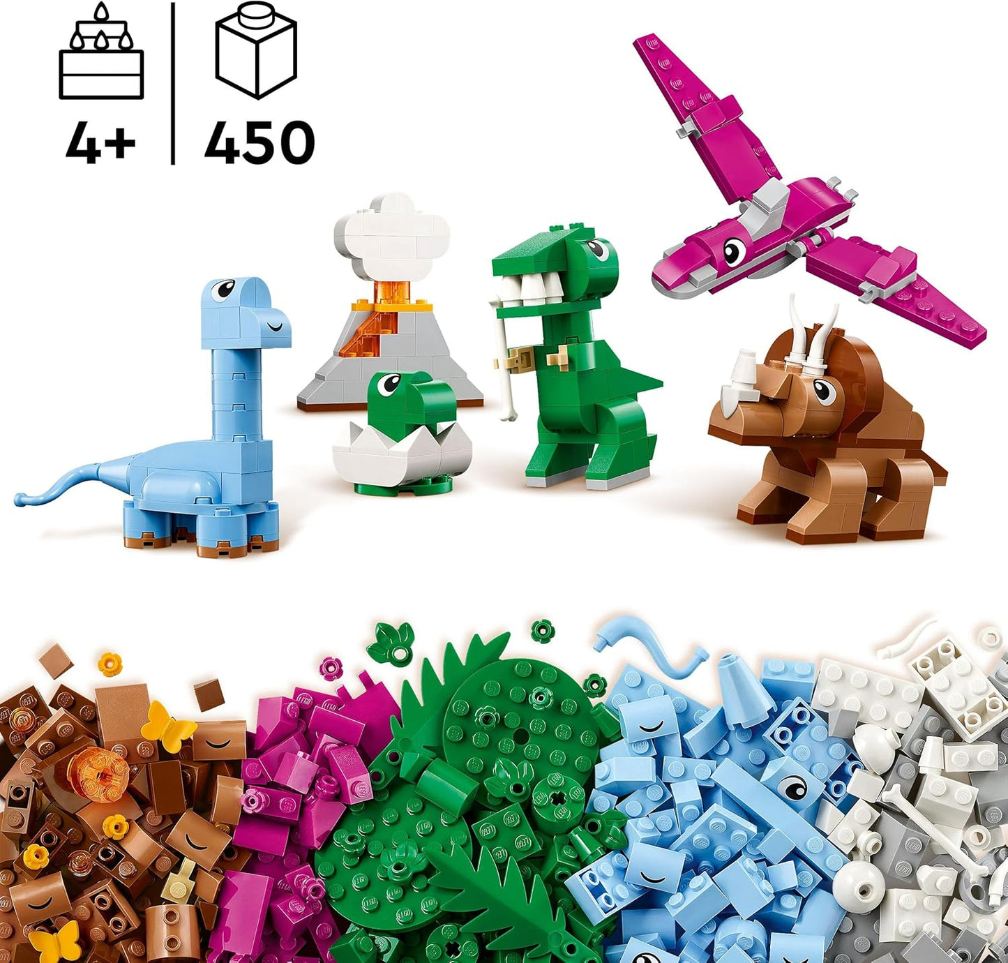 LEGO Conjunto de dinossauros criativos Classic, brinquedos de construção para crianças, peças variadas para brincadeiras imaginativas, inclui figuras de T. Rex e Triceratops Dino, presente de aniversário