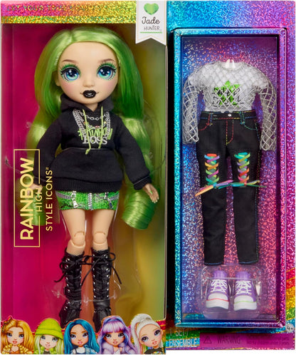 Rainbow High Style Icons Jade - Boneca Fashion de 28cm com Cabelo Longo e Penteável, Acompanha um Segundo Conjunto Combinando e um Segundo Par de Sapatos, Flexível com 13 Pontos de Articulação.