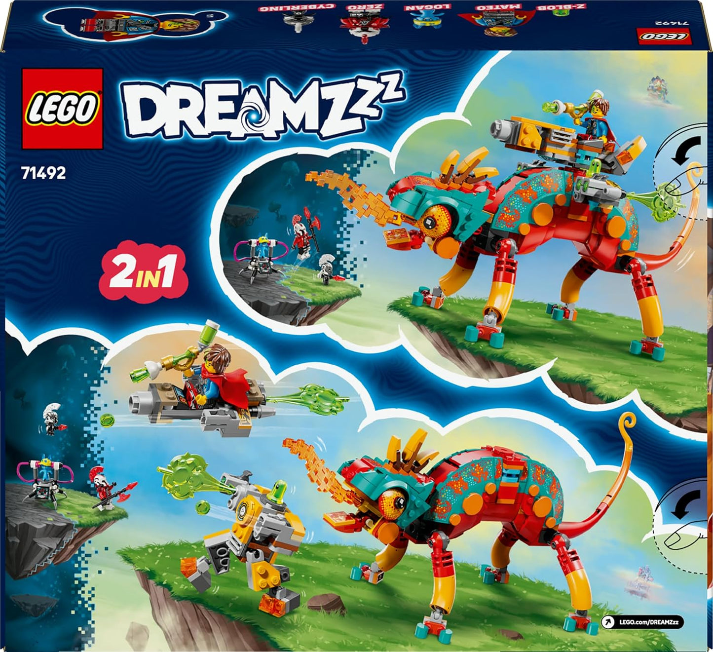 LEGO DREAMZzz 2 em 1 O Camaleão de Fogo, figura de fantasia animal de Mateo, se transforma em um robô a jato de brinquedo, conjunto de construção guardião para meninos e meninas a partir de 7 anos, incluindo 2 minifiguras de presente.