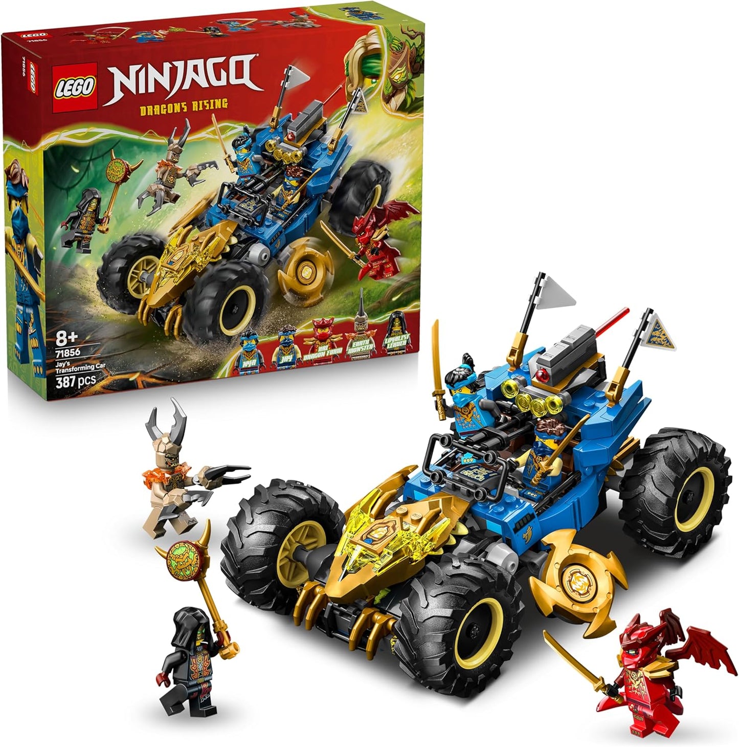 LEGO NINJAGO 2 em 1 Carro Transformável do Jay - Caminhão Ninja com 5 Minifiguras, incluindo Kai e Nya, além de Shurikens e Espadas - Presente de Aniversário para Meninos e Fãs a partir de 8 Anos - 71856