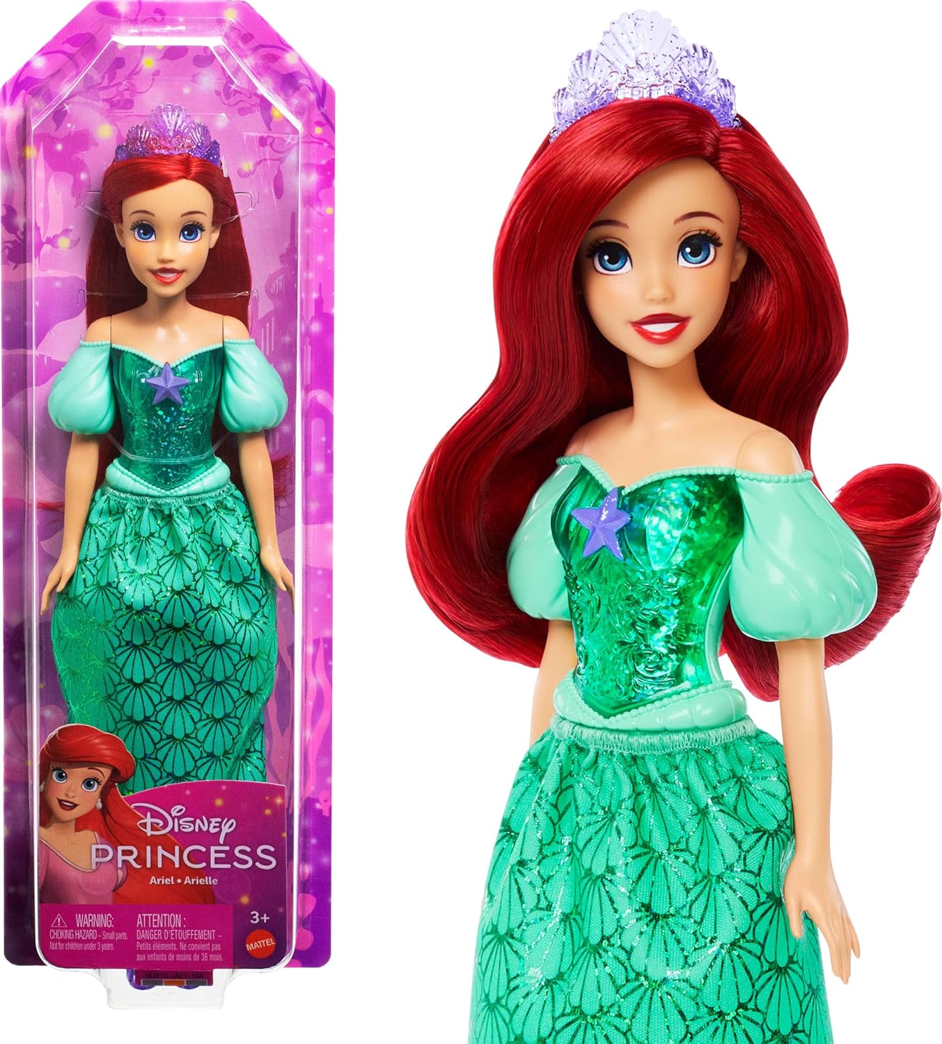 Mattel Boneca Disney Princess Ariel com Visual Clássico | Moda Brilhante com Saia, Tiara e Sapatos Removíveis, Articulada e Colecionável, Inspirada em A Pequena Sereia, HLW10