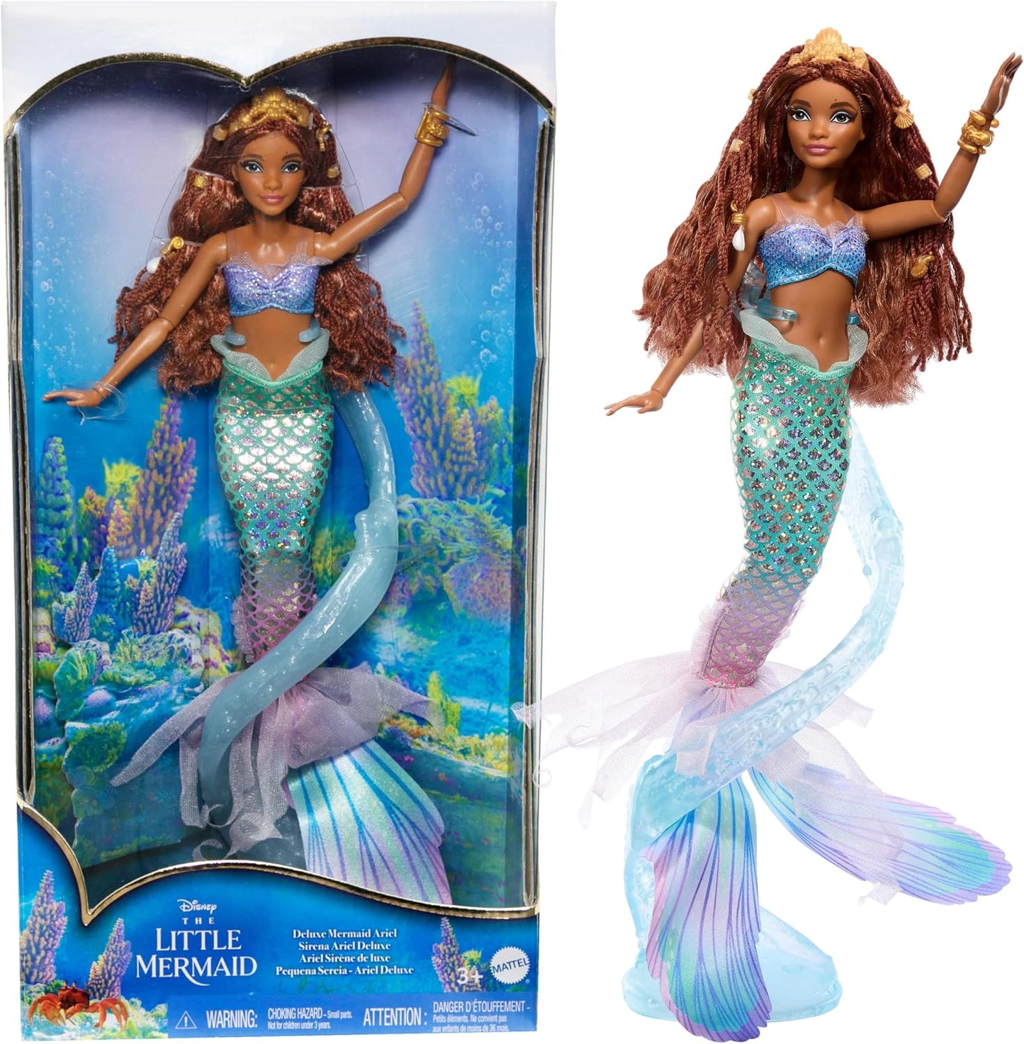 Mattel Boneca Disney A Pequena Sereia Ariel (Versão Deluxe) com Cauda Iridescente, Miçangas para o Cabelo e Suporte, HNF42