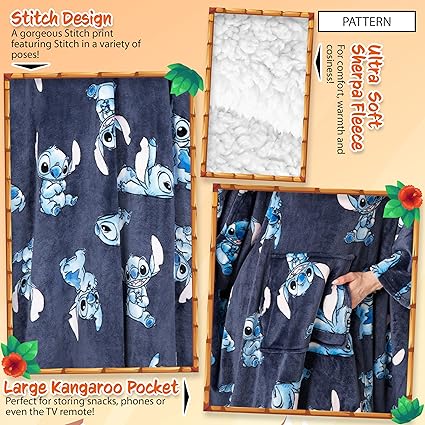 Disney Stitch Blanket Hoodie para mulheres e adolescentes - Poncho de lã grande e aconchegante, tamanho único, capuz Sherpa - Stitch Gifts Navy