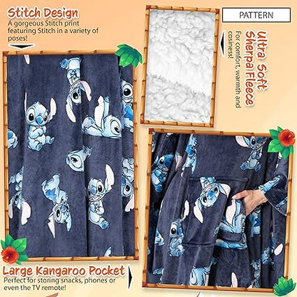 Disney Stitch Blanket Hoodie para mulheres e adolescentes - Poncho de lã grande e aconchegante, tamanho único, capuz Sherpa - Stitch Gifts Navy